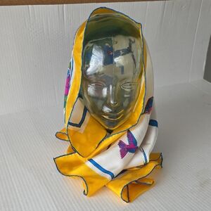 Vintage Silk Hand Printed Tropical Scarf – Hand Rolled Hem Floral Birds 33x33